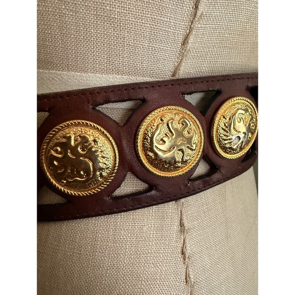 Avignon Brown Leather Belt Gold Lion Medallion Studded Wide Waist Belt 785 M main image 4